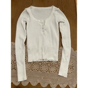 White Ribbed Knit Long Sleeve Henley Scoop Neck Slim Fit Top Women Small